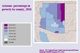 The map above shows the percentage of poverty in Arizona by counties. The poverty rate for the entire state was 17.6 percent in 2010.