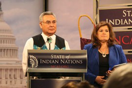 Jefferson Keel, president of the National Congress of American Indians and NCAI Executive Director Jacqueline Pata take questions after Keel delivered the State of Indian Nations address Thursday in Washington.