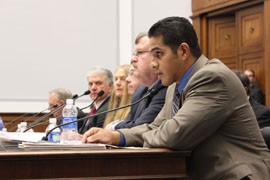 Manuel Santana (foreground) of Phoenix-based Cavco Industries tells a congressiooal subcommittee that the manufactured housing industry is being harmed by the way federal regulations are applied.