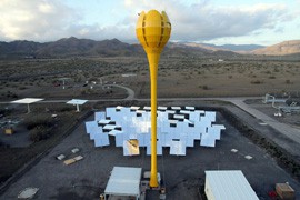 A solar tulip-shaped tower stands at a site in Almeria, Spain. The 100-foot-tall tower generates 100 kilowatts of power.