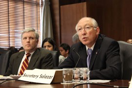 Interior Secretary Ken Salazar, right, testifies before the Senate Energy and Natural Resources Committee with Deputy Secretary David Hayes. Salazar said after the hearing that he is confident a ban on Grand Canyon uranium mining will withstand a legal challenge.