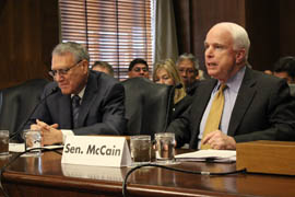 Sen. John McCain, right, with Sen. Jon Kyl, said the Senate should not squander the opportunity to create jobs by swapping federal land with Resolution Copper for a mining operation.