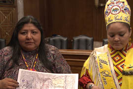 Vernelda Grant, left, the director of historic preservation in the archaelogy department of the San Carlos Apache tribe, and Miss San Carlos Apache 2011-2012 Desirae Rambler came Thursday to oppose the land swap that would allow Resolution Copper to begin mining on Oak Flat.