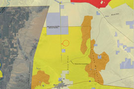 The Bureau of Land Management has set aside about 2,000 acres near Quartzsite while officials study the feasibility of a solar-power plant there. The area circled in red would be the site of the plant.