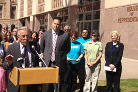Paul Eppinger, director of Arizona Interfaith Movement, speaks to a crowd gathered at the Capitol at a news conference on a failed bill aimed at combating bullying in schools.