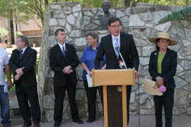 Rep. Steve Farley, D-Tucson, speaks at a press conference with astronomers. He discussed Gov. Jan Brewer's veto of a house bill that would have allowed for electronic billboards to be placed throughout the state.