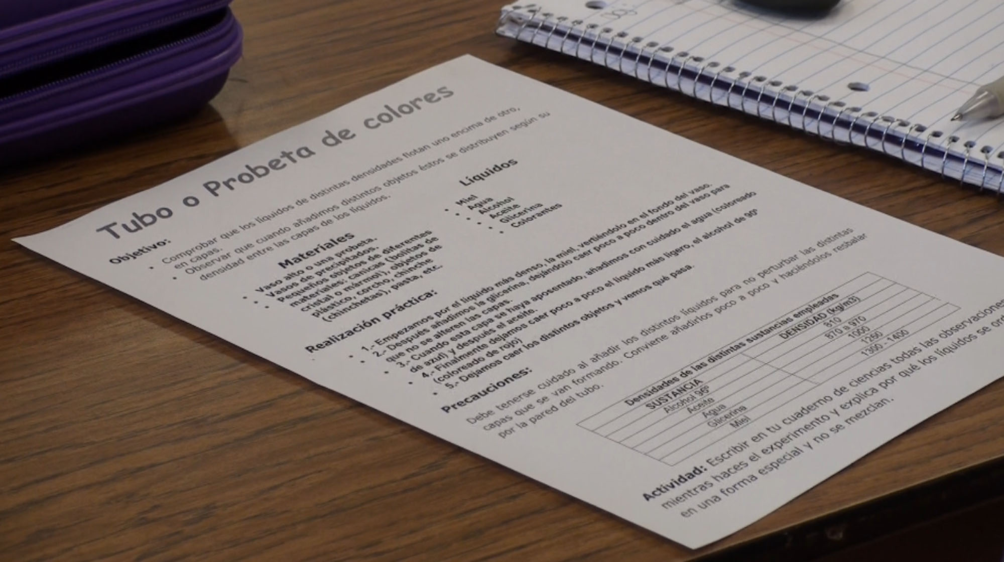 Directions for the experiments in Ordosgoitia's sixth grade science class are printed in Spanish.
