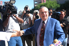 A federal appeals court said Maricopa County Sheriff Joe Arpaio, shown here in a file photo, can be sued in the arrests of two newspaper officials who said the arrests were retaliation for stories critical of the sheriff.