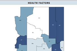 The counties in dark blue exhibit the least healthy behaviors, such as smoking, obesity, access to doctors and other factors, according to a report by the Robert Wood Johnson Foundation and the University of Wisconsin School of Medicine.
