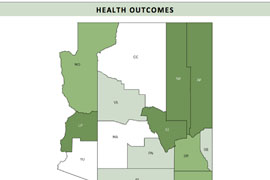 The County Health Rankings and Roadmaps report also ranked counties by
health outcomes, or rates of illnesses and deaths. The dark-green
counties had the worst outcomes in Arizona in 2012.