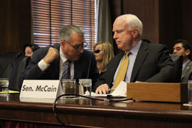 Arizona Republican Sens. Jon Kyl, left, and John McCain, in this February file photo, reportedly urged Hopi and Navajo tribal leaders this week to line up support behind a settlement that the senators have proposed to the tribes' water-rights claims.