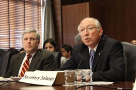 Interior Secretary Ken Salazar, pictured from a different hearing,  praised the tribes for their efforts, saying that without a settlement they faced a “limbo of endless litigation.”