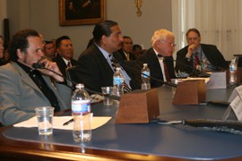 Larry Decoteau, left, of the Turtle Mountain Band of Chippewa Indians, National Congress of American Indians Vice President Scott Russell and Wilson Groen, president and CEO of the Navajo Nation Oil and Gas Co., asked Congress for for more flexibility on their lands, reminding lawmakers that tribal lands aren't 