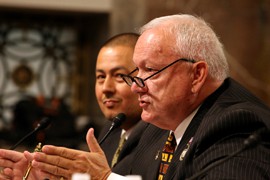 Former state Sen. Russell Pearce, R-Mesa, testifies about his bill, Arizona's SB 1070 immigration law, before a U.S. Senate subcommittee as Sen. Steve Gallardo, D-Phoenix, listens. Pearce said the legislation mirrors federal law and is a successful deterrent to illegal immigration.