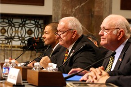 From left, state Sen. Steve Gallardo, D-Phoenix, former state Sen. Russell Pearce, R-Mesa, and former U.S. Sen. Dennis DeConcini, D-Ariz., listen at the opening of a U.S. Senate Judiciary subcommittee hearing on Arizona's SB 1070 immigration law.