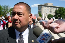 SB 1070 opponent state Sen. Steve Gallardo, D-Phoenix, also called the ruling a victory, even though the court let stand what most critics have called its most troubling aspect. He is shown in April outside the court.
