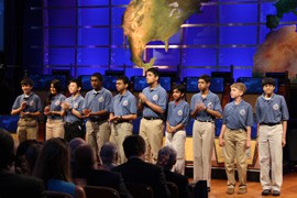 Raghav Ranga, center, of Tucson with the other finalists before the championship round of the National Geographic Bee.