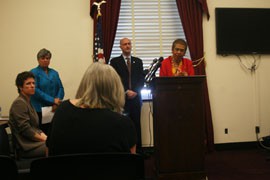 Pro-choice advocates Julianna Gonen and Nancy Keenan, D.C. Vote Executive Director Ilir Zherka and D.C. Delegate Eleanor Holmes Norton, from left, at Tuesday's news conference decrying a bill by Rep. Trent Franks, R-Glendale, and other federal bills aimed at the city.