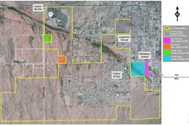 The marooned green and orange parcels, above, will be turned over to the Pascua Yaqui who will use the land as part of a resort golf course. Plans call for the blue and purple parcels to be turned over to the Tucson school district for use as a transit center down the road.