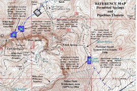 A government map shows the five springs in the Miller Peak Wilderness Area from which the city of Tombstone has permission to draw its drinking water. But the pipeline that delivers the water to the city, 26 miles away, was damaged after last year's wildfires.