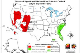 The map shows the relationship between the potential outlook for wildfires this summer and what's considered normal wildfire activity.