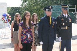 Gilbert High School band members, from left, Justine Cote, Moriah Corbin, Melissa Pierce and Michael O'Connor return from placing a wreath at the Tomb of the Unknowns in Arlington National Cemetery.