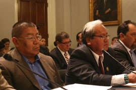 Despite differences between their tribes, Zuni Tribe Council Member Gerald Hooee Sr., left, and Navajo Nation Speaker Johnny Naize told lawmakers that they want to work out a deal to divide a former Army base that sits between their tribal lands in New Mexico.