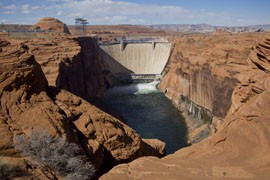 The Glen Canyon Dam backs up the Colorado River near the Arizona-Utah border, creating Lake Powell, which provides drinking water to 25 million people and generates 3 million megawatt hours of electricity a year.