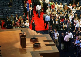 As delegates, members of the media and guests entered the Tampa Times Forum for the official start of the Republican National Convention, Arizona's delegate seats - seen in the upper left of this picture - remained empty. State party officials decided not to hand out credentials for the event because of weather concerns.