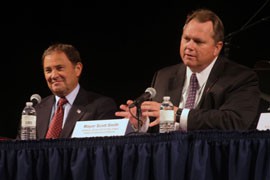 Mesa Mayor Scott Smith, right, took part in a panel Tuesday near the GOP National Convention about the value of arts programs. Smith, here with Utah Gov. Gary Herbert, discussed his city's efforts to cut the budget while preserving its arts programs.
