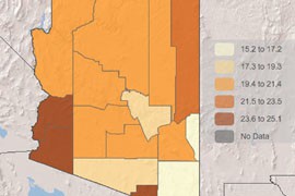 By <b>2009</b>, the number of counties above 20 percent fell by half, to six, and there was only one county above 25 percent. That was La Paz County at 25.1 percent.