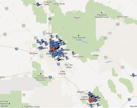 Click on the map to view all donations (excluding loans) to the Open Government Committee as of their most recent filing with the Arizona Secretary of State's office on Aug. 24, 2012. <i>(Map created using batchgeo)</i>