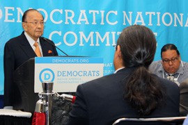 Sen. Daniel Inouye, D-Hawaii, urged the Native American Council at the Democratic National Convention in Charlotte, N.C. to re-elect Barack Obama as president. Seated next to him is Lt. Gov. Stephen Lewis of the Gila River Indian Community, who helped organize the meeting at the convention.