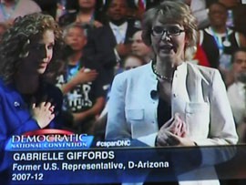 In this image taken from C-SPAN, former U.S. Rep. Gabrielle Giffords of Arizona leads the Pledge of Allegiance at the Democratic National Convention in Charlotte, N.C.