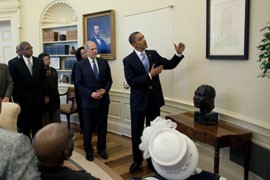 President Barack Obama looks at a copy of the Emancipation Proclamation with a small group of White House visitors in September. The proclamation shows the presidents can use the documents for weighty matters as well as not-so-weighty issues.