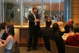 Phoenix Mayor Greg Stanton pitches the city as a destination at a lunch of convention organizers in the National Museum of the American Indian in Washington.
