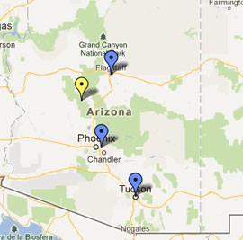 Click on a map to see the average amount of student debt and the proportion of students with debt in 2011 at the three major public Arizona universities and Prescott College, a private college.
<br>
<br>
<i><b>Note:</b> Source information did not provide data on all Arizona colleges.</i>
