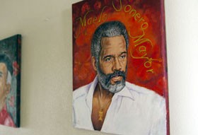 Oscar Lopez Rivera spends some of his time painting revolutionary figures while in Terra Haute Federal Correctional Institution. These are examples of several paintings on display at his niece's house in San Sebastian, his home town.
