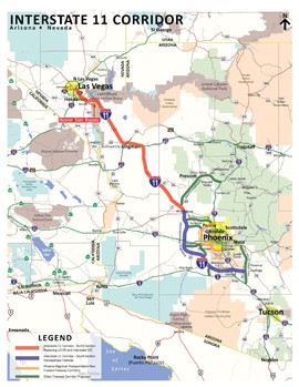The proposed Interstate 11 route would begin near Coolidge and connect at Wickenburg with the alignment of U.S. 93 up to Las Vegas. Click on the image to see the proposed route.