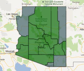 Arizona counties in green on this map gained jobs last year. Click on the map to see the number of jobs and the average weekly wages in each county in 2011 and 2012, and the percent change for each.