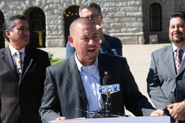 State Sen. Steve Gallardo, D-Phoenix, shown attending a news conference Friday at which community leaders and Democratic elected officials urged people to vote, accused a conservative group that has trained poll watchers of working to intimidate minority voters.