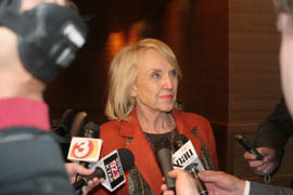 Reporters interview Gov. Jan Brewer after she and legislative leaders spoke at a panel on goals for the 2013 Legislature.