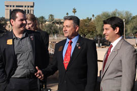 From left to right, members of the new veterans caucus at the Arizona State Legislature include Rep. Mark Cardenas, D-Phoenix; Rep. Sonny Borrelli, R-Lake Havasu City; and Rep. Jonathan Larkin, D-Glendale.