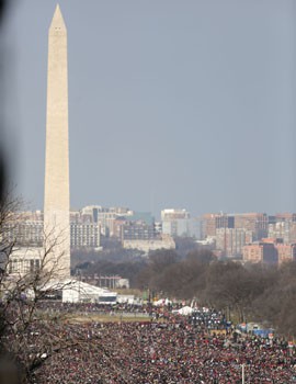 Police had to close parts of the National Mall after crowds got too large for the inauguration Monday. The Washington Monument, here, is more than a mile from the West Front of the Capitol.