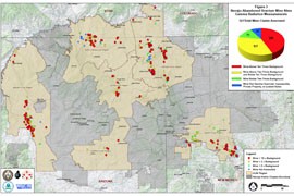 Environmental officials have recorded alarmingly high radiation levels at many of the known abandoned uranium mine sites on the Navajo Nation. The sites in red above are those where radiation is at least 10 times normal background levels.