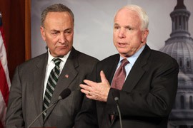 Sen. John McCain, R-Ariz., here with Sen. Charles Schumer, D-N.Y., in January when they and six others first proposed comprehensive immigration reform. Schumer and McCain briefed the president on their plan Tuesday.