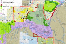 A map of the Arizona Strip shows existing and proposed uranium mines near the Grand Canyon.