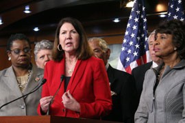 Rep. Ann Kirkpatrick, D-Flagstaff, in a file photo with other Democratic women in the House who urged reauthorization of the Violence Against Women Act, which includes provisions for immigrant, Native American and same-sex partners.