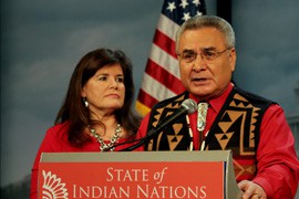 National Congress of American Indians President Jefferson Keel, here with NCAI Executive Director Jacqueline Pata, said in his annual State of Indian Nations address that tribal sovereignty has made great strides but that tribes still have far to go.