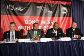Mesa Mayor Scott Smith, right, joined other local government officials warning against a plan to remove tax exemption from municipal bonds. They are, from left, Montgomery County, Md., Chief Adminstrative Officer Tim Firestine Houston City Controller Ronald Green and Douglas County, Neb., Commissioner Chris Rodgers.